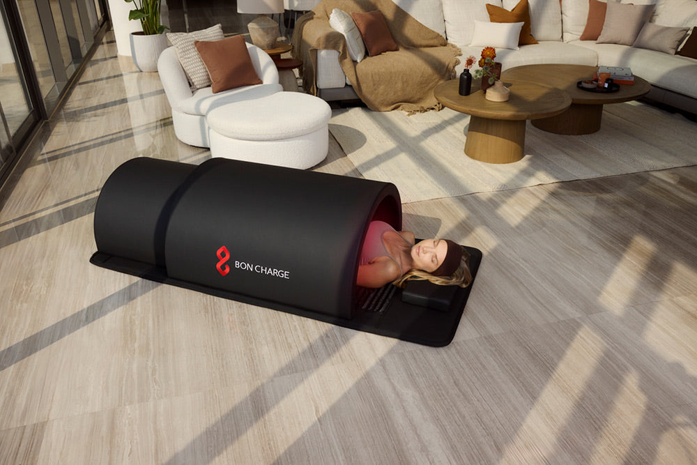 Woman Inside Infrared PEMF Sauna Dome
